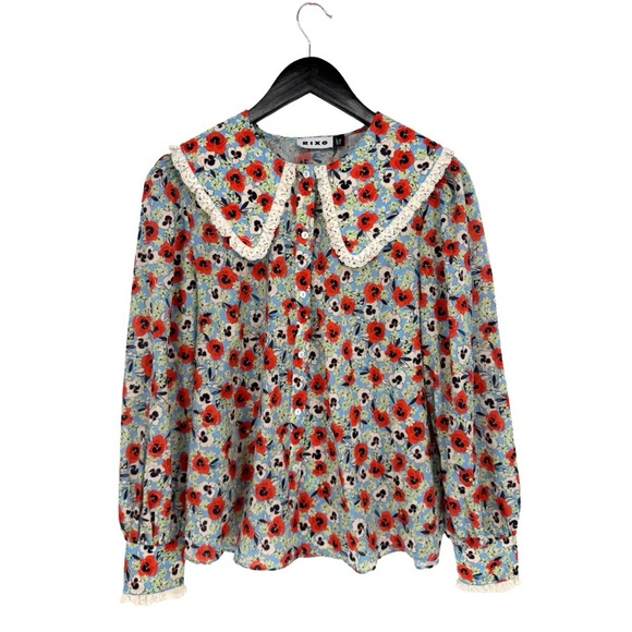 Rixo Misha Floral Print Cotton Blouse Blue Multicolor Peter Pan Collar Small - Picture 4 of 12
